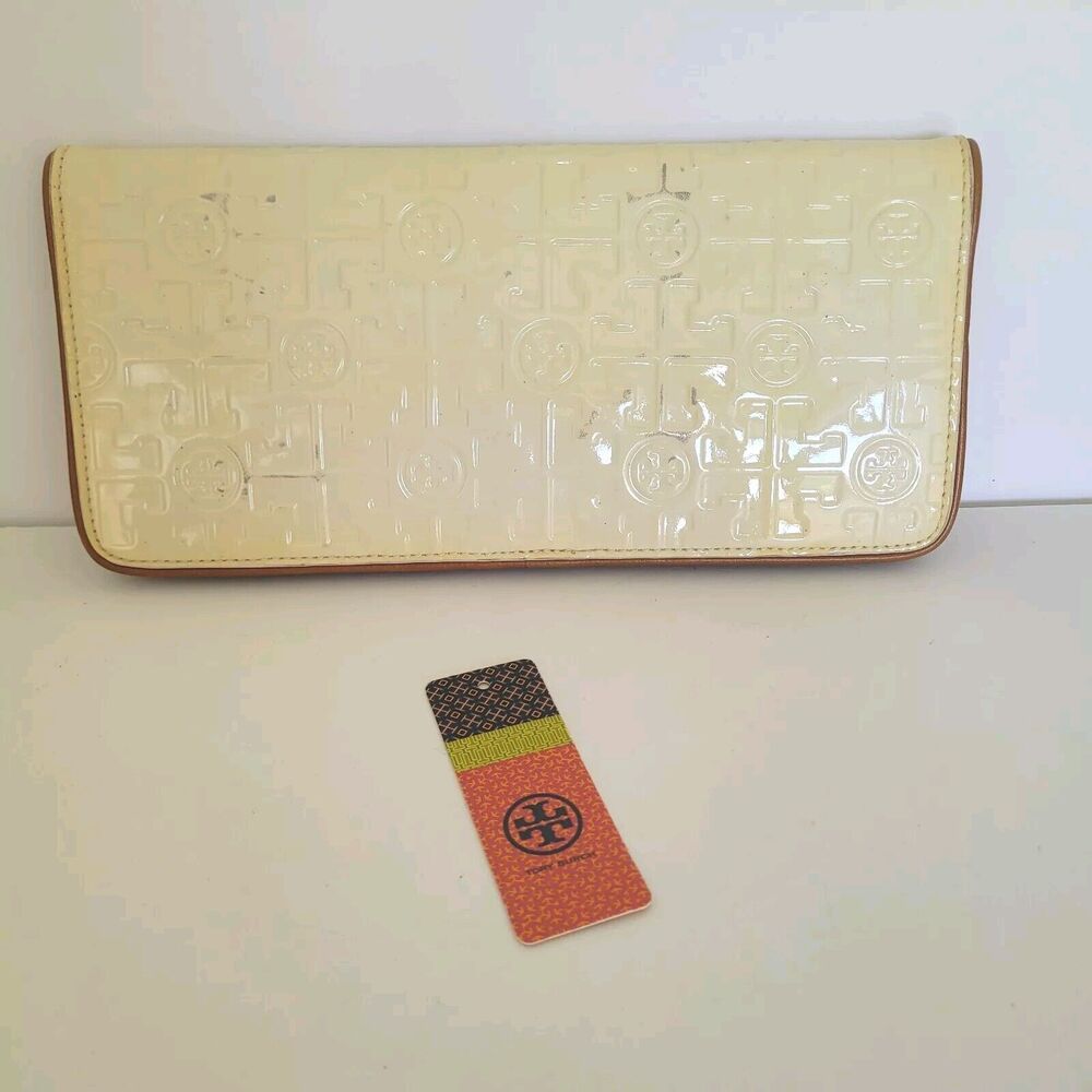 Tory Burch Suki‎ Clutch Wallet Ivory Brown Bifold Leather Medium New Defect